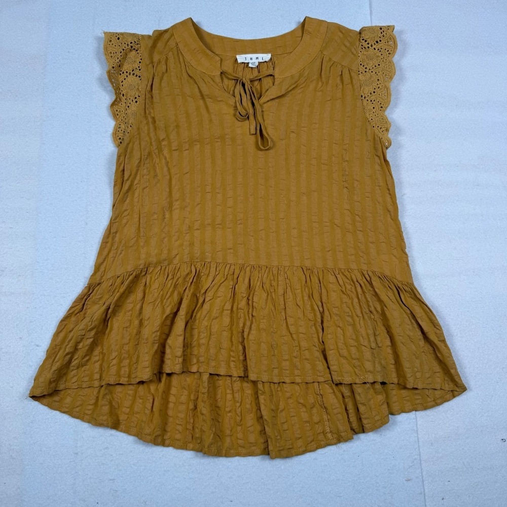 THML Mustard Yellow Seersucker Eyelet Lace Fairy Core Peplum Top XS Country